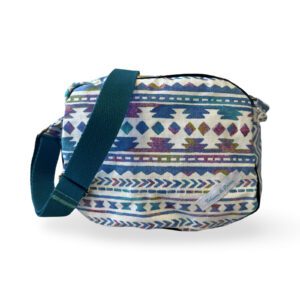 Sac polochon en tissu imprimé style ethnique, avec sangle turquoise ajustable