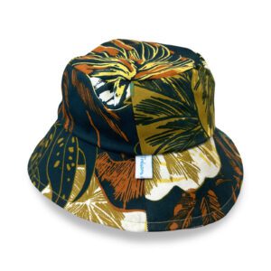 Bob réversible à motif tropical foncé, imprimé végétal orange, kaki et blanc sur fond noir