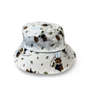 Bob réversible pour enfant, tissu blanc imprimé d’oursons, glands et feuilles vertes